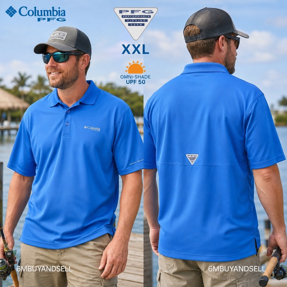 Columbia‎ PFG Mens Blue Short Sleeve Omni-Shade Fishing Polo Shirt FM6016 XXL
